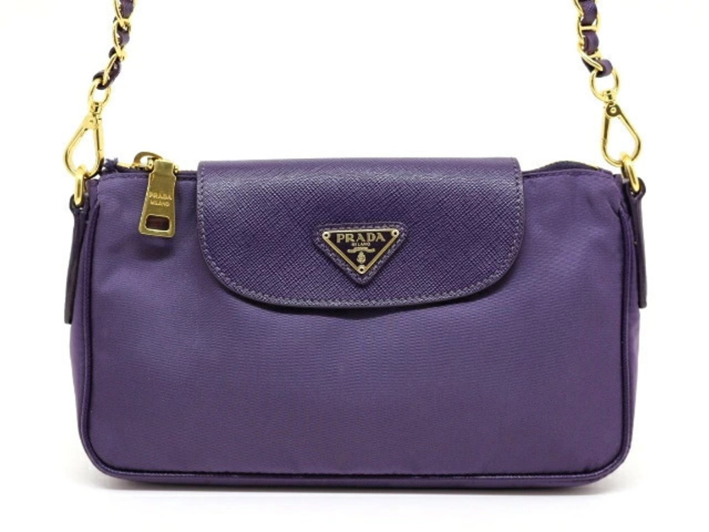 Prada Bag Chain Shoulder Pouch Clutch Calf Purple